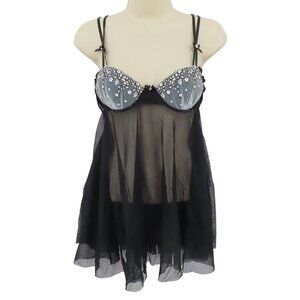 In Bloom Jonquil Small Black Sheer Mesh White Embroidered Flower Sleep Tank Top